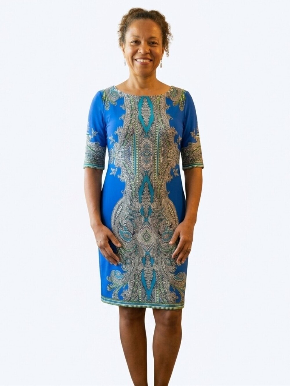 Sandra Darren Women's Blue Paisley Sheath Dress 10